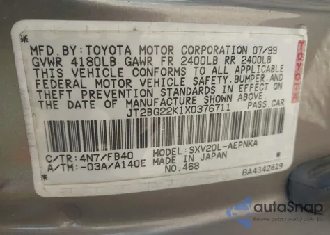 1999 Toyota Camry Le from USA, damaged, VIN JT2BG22K1X0376711